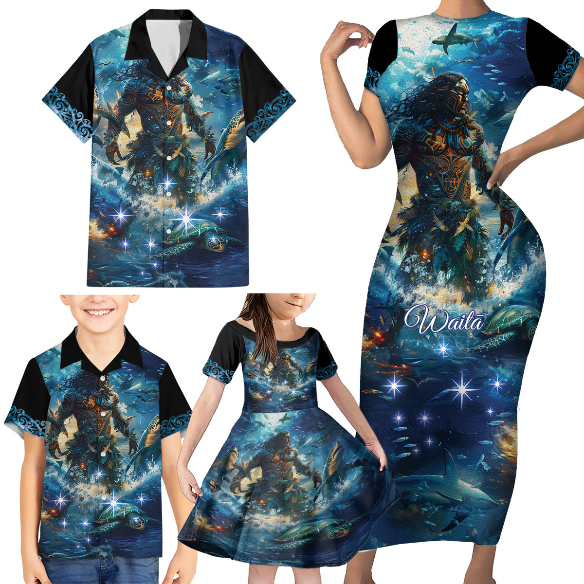 New Zealand Matariki Waita Family Matching Short Sleeve Bodycon Dress and Hawaiian Shirt The Way Of The Water LT9 - Polynesian Pride