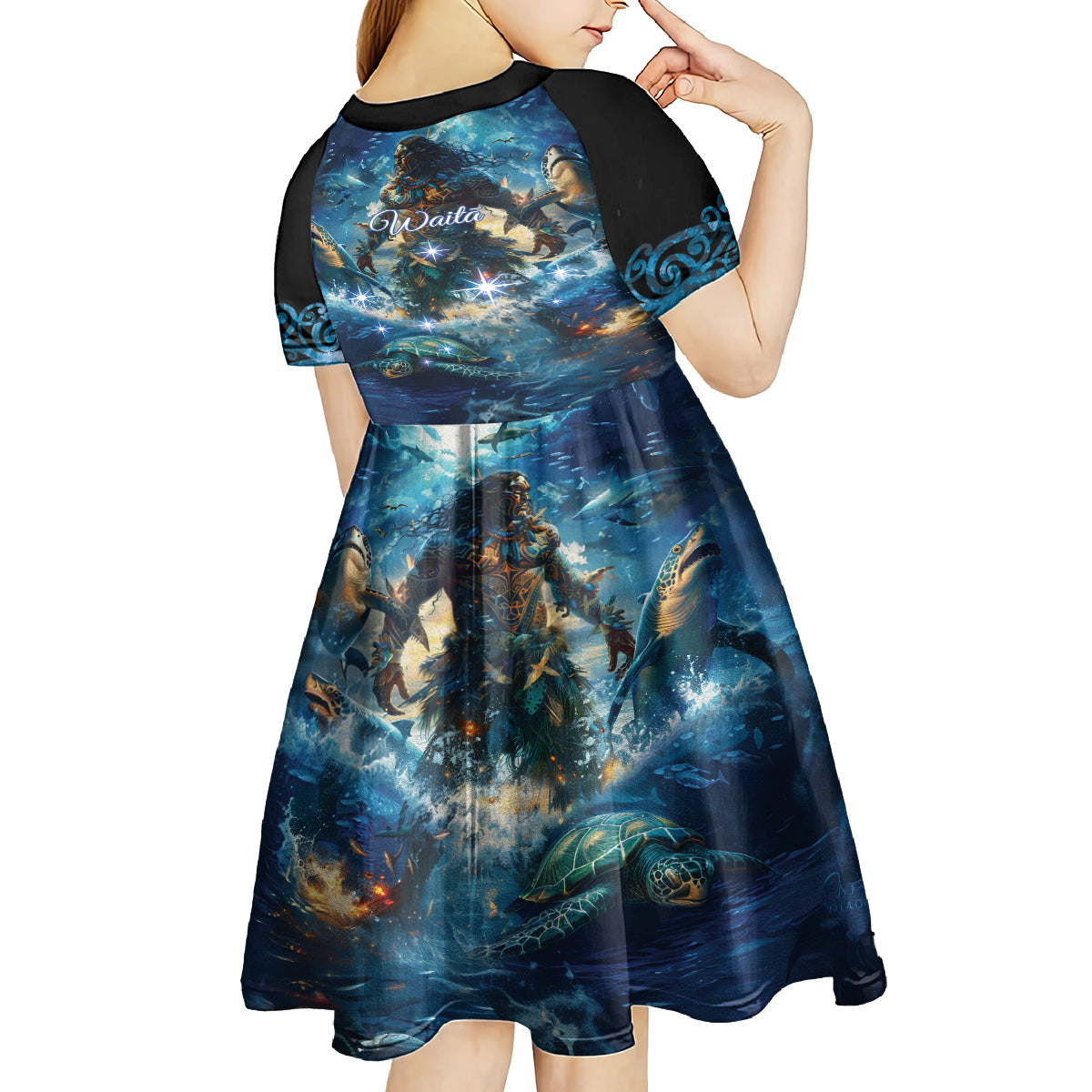 New Zealand Matariki Waita Kid Short Sleeve Dress The Way Of The Water LT9 - Polynesian Pride