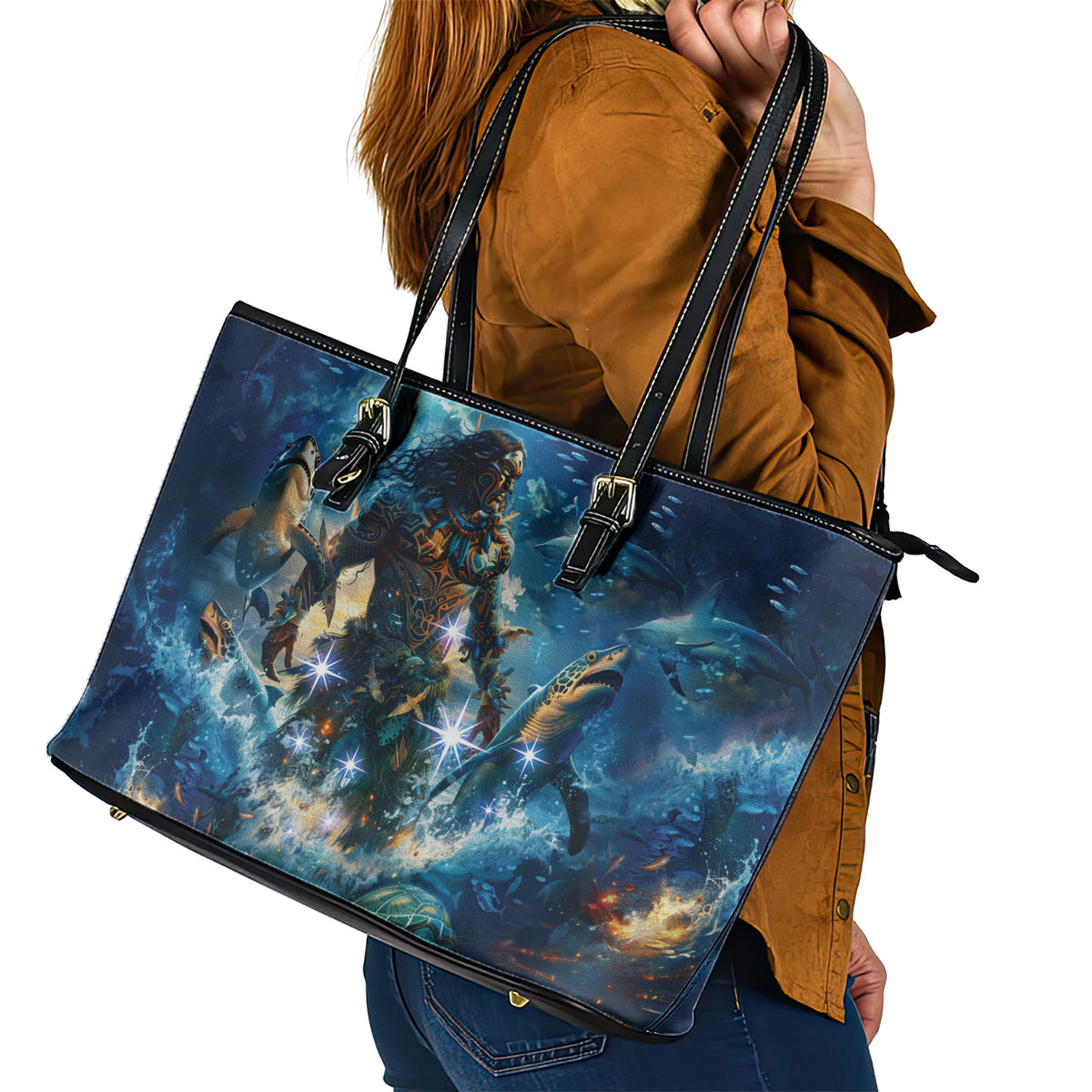 New Zealand Matariki Waita Leather Tote Bag The Way Of The Water LT9 - Polynesian Pride