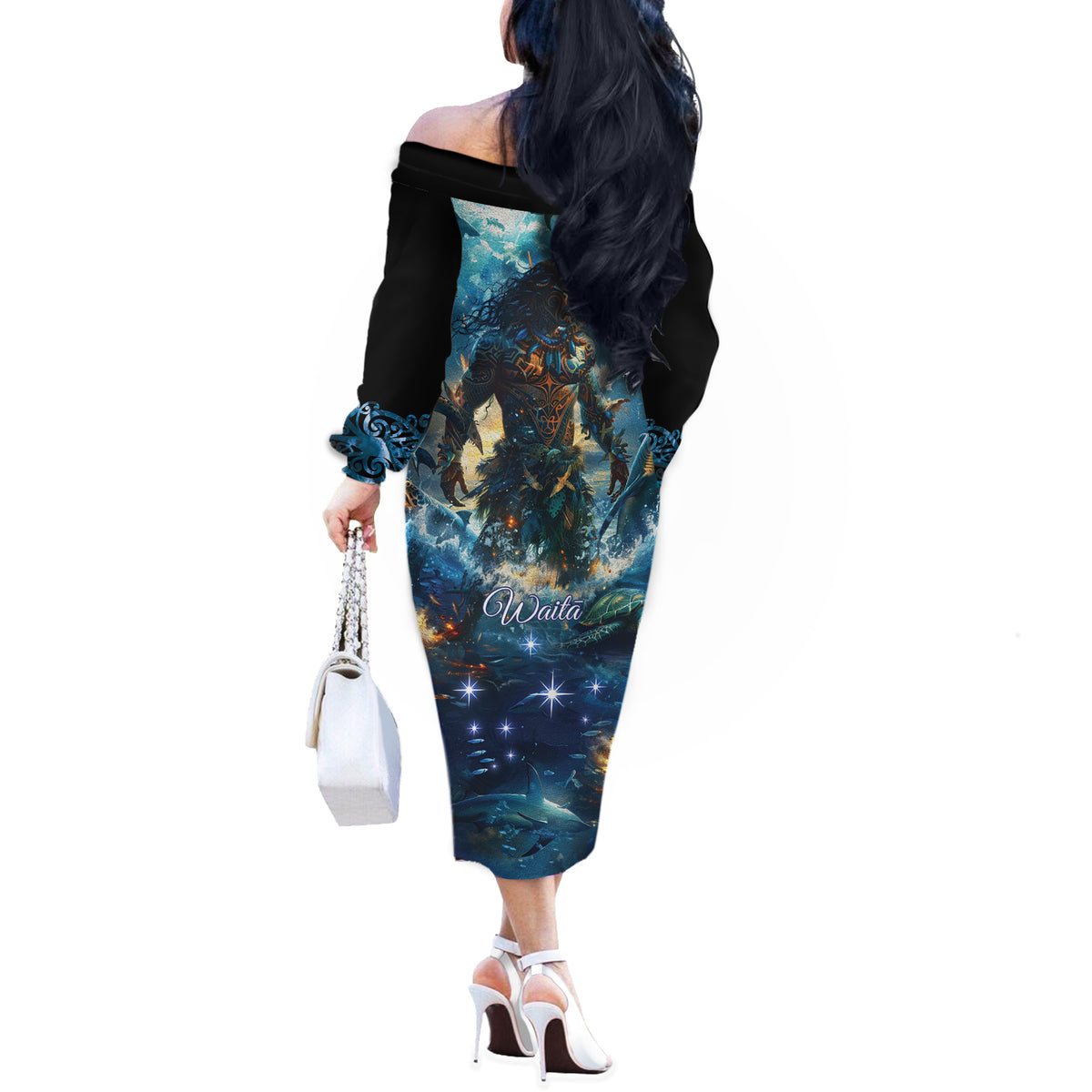 New Zealand Matariki Waita Off The Shoulder Long Sleeve Dress The Way Of The Water LT9 - Polynesian Pride
