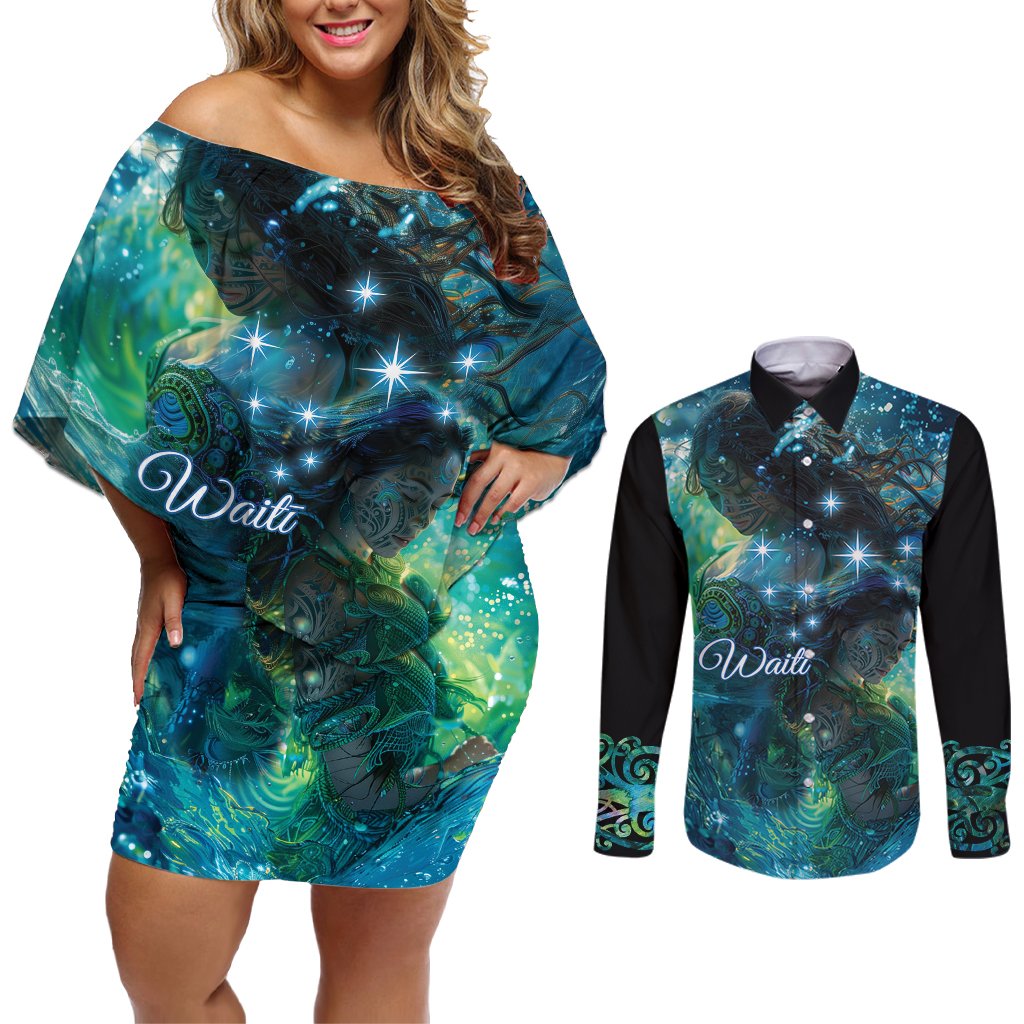 New Zealand Matariki Waiti Couples Matching Off Shoulder Short Dress and Long Sleeve Button Shirt The Beginnings Of Life LT9 Black - Polynesian Pride