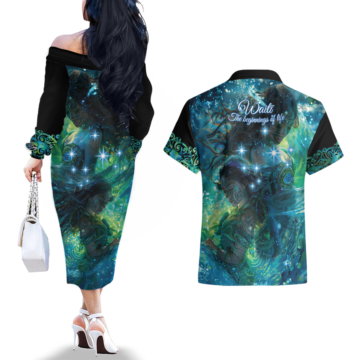New Zealand Matariki Waiti Couples Matching Off The Shoulder Long Sleeve Dress and Hawaiian Shirt The Beginnings Of Life LT9 - Polynesian Pride