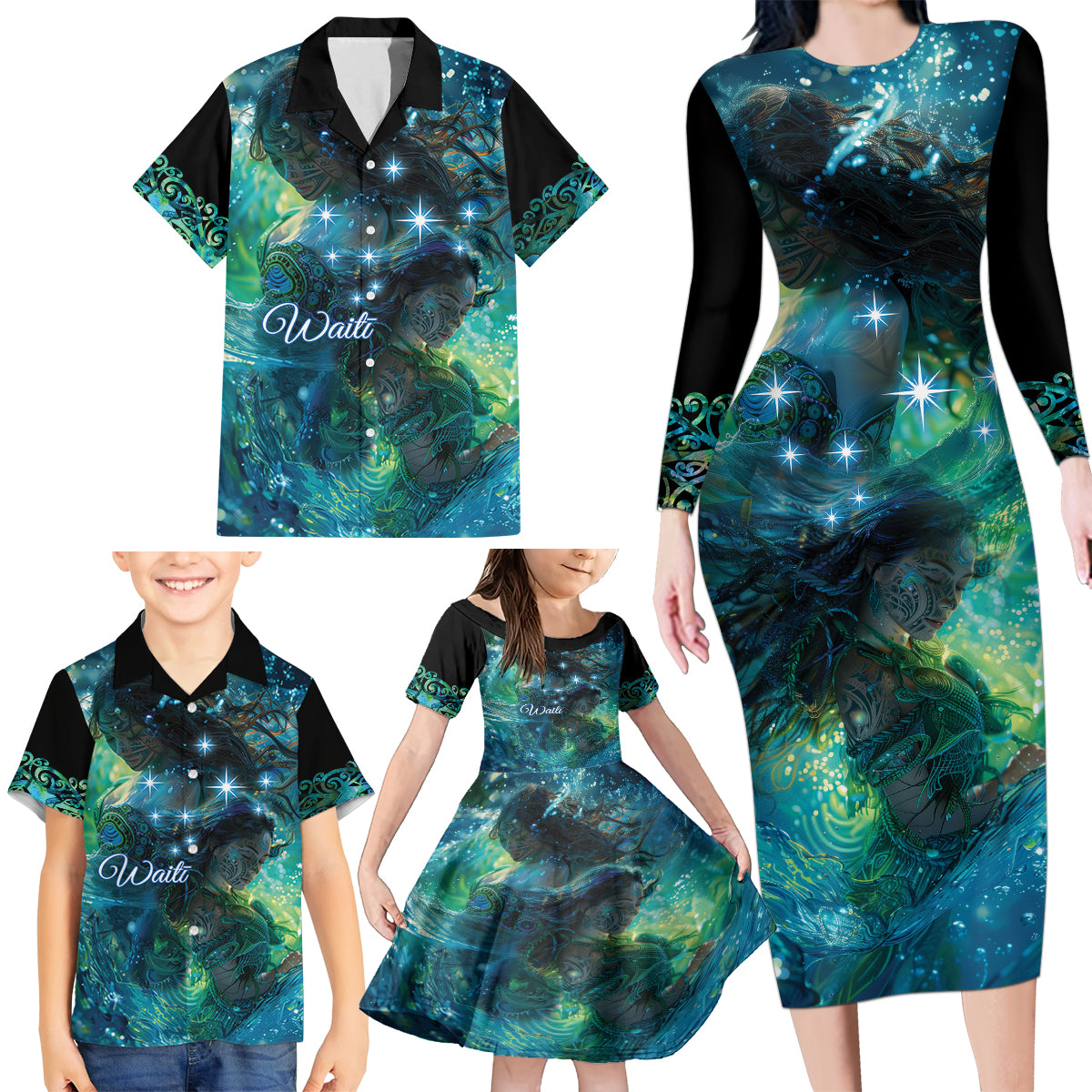 New Zealand Matariki Waiti Family Matching Long Sleeve Bodycon Dress and Hawaiian Shirt The Beginnings Of Life LT9 - Polynesian Pride