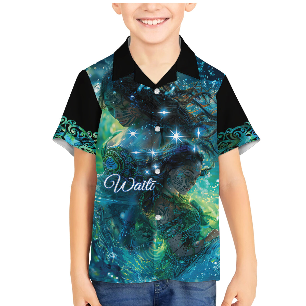New Zealand Matariki Waiti Family Matching Mermaid Dress and Hawaiian Shirt The Beginnings Of Life LT9 Son's Shirt Black - Polynesian Pride
