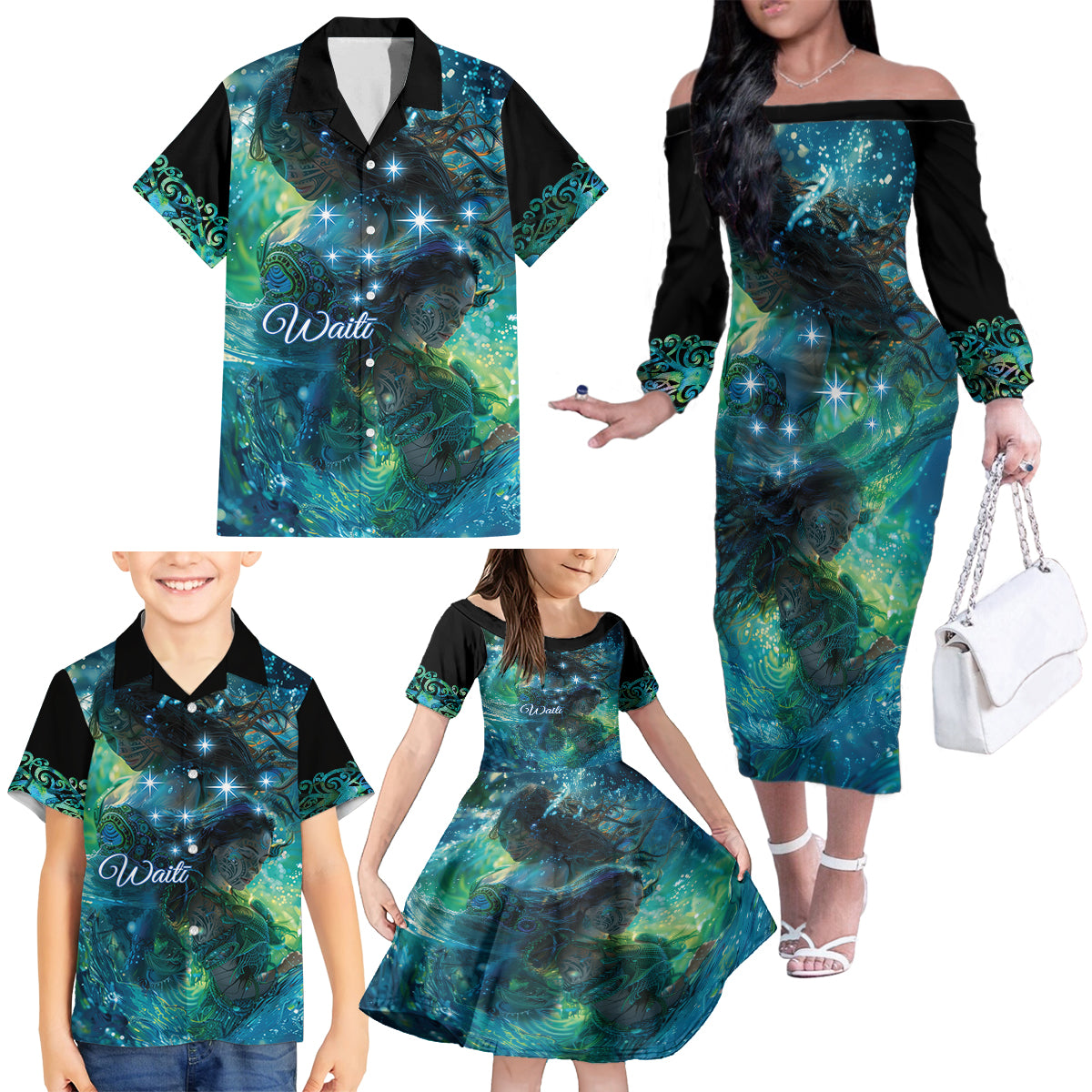 New Zealand Matariki Waiti Family Matching Off The Shoulder Long Sleeve Dress and Hawaiian Shirt The Beginnings Of Life LT9 - Polynesian Pride