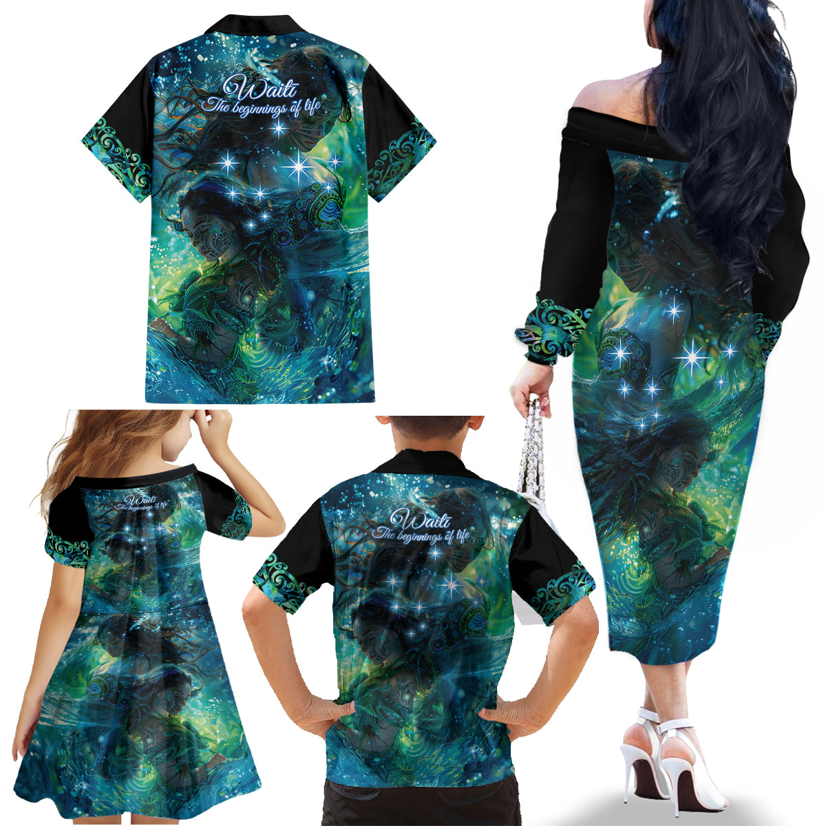 New Zealand Matariki Waiti Family Matching Off The Shoulder Long Sleeve Dress and Hawaiian Shirt The Beginnings Of Life LT9 - Polynesian Pride