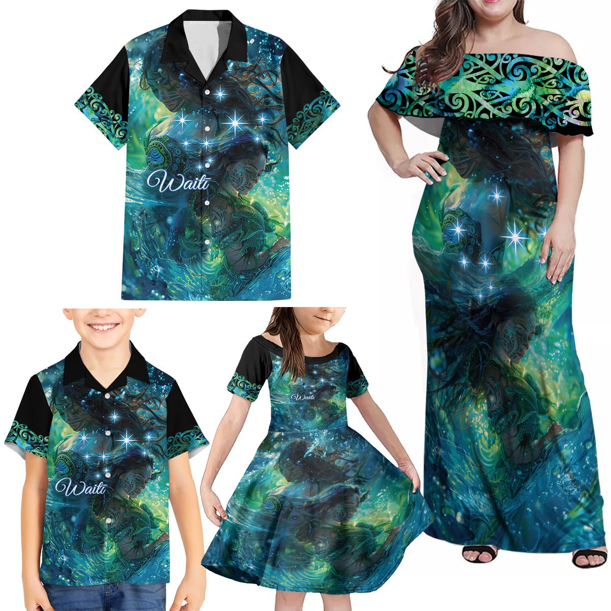 New Zealand Matariki Waiti Family Matching Off Shoulder Maxi Dress and Hawaiian Shirt The Beginnings Of Life LT9 - Polynesian Pride