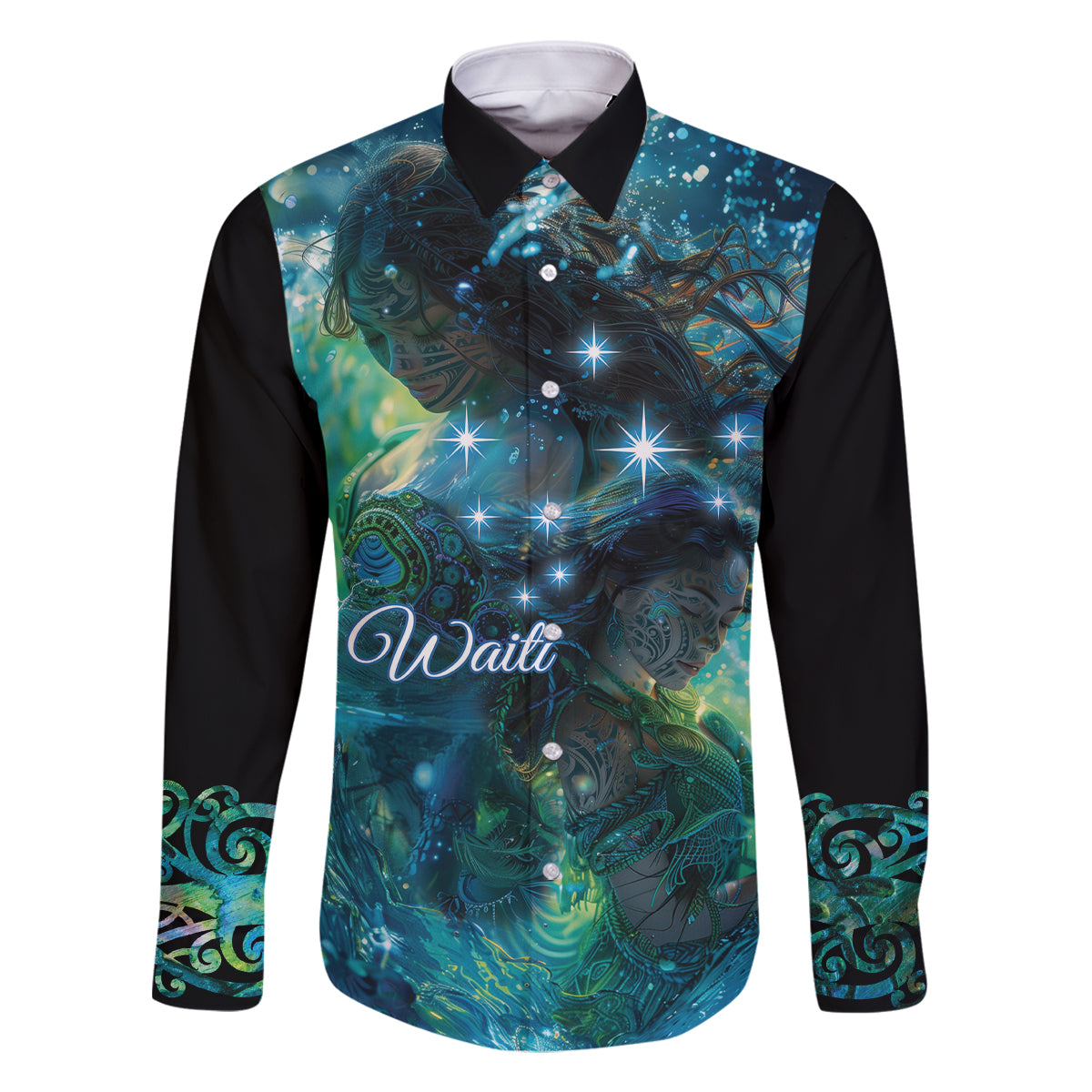 New Zealand Matariki Waiti Family Matching Off Shoulder Maxi Dress and Hawaiian Shirt The Beginnings Of Life LT9 Dad's Shirt - Long Sleeve Black - Polynesian Pride
