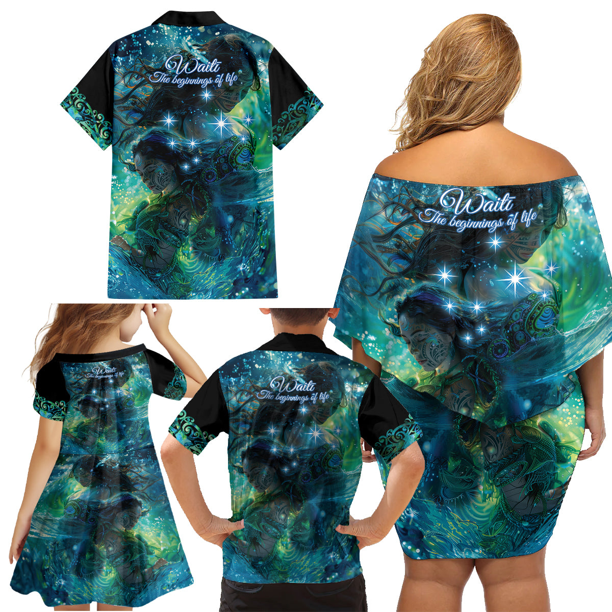 New Zealand Matariki Waiti Family Matching Off Shoulder Short Dress and Hawaiian Shirt The Beginnings Of Life LT9 - Polynesian Pride