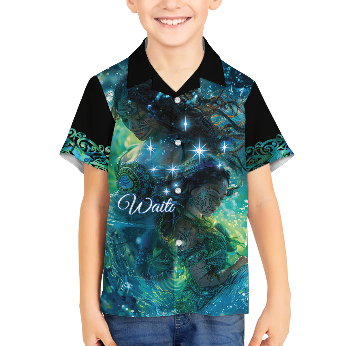 New Zealand Matariki Waiti Family Matching Tank Maxi Dress and Hawaiian Shirt The Beginnings Of Life LT9 Son's Shirt Black - Polynesian Pride