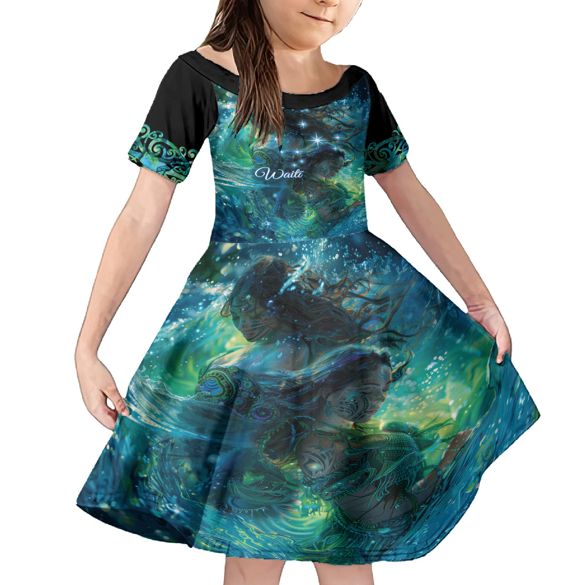 New Zealand Matariki Waiti Kid Short Sleeve Dress The Beginnings Of Life LT9 KID Black - Polynesian Pride