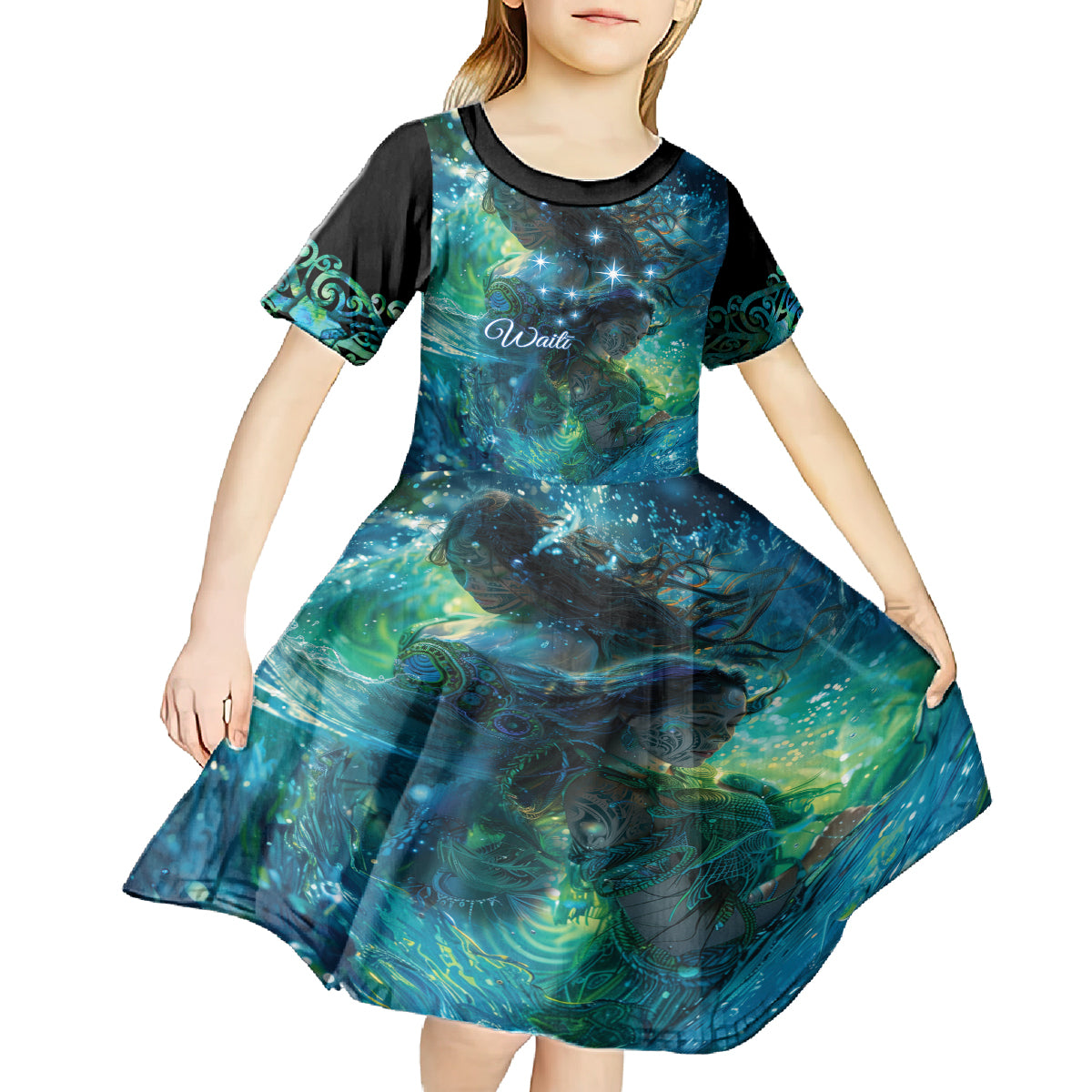 New Zealand Matariki Waiti Kid Short Sleeve Dress The Beginnings Of Life LT9 - Polynesian Pride