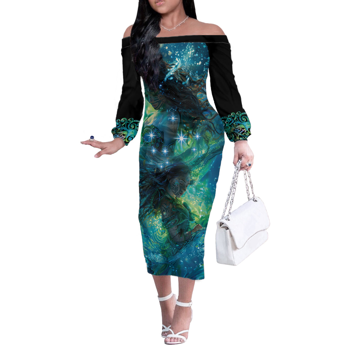 New Zealand Matariki Waiti Off The Shoulder Long Sleeve Dress The Beginnings Of Life LT9 Women Black - Polynesian Pride