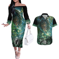 New Zealand Matariki Waiti Couples Matching Off The Shoulder Long Sleeve Dress and Hawaiian Shirt Waimori and The Origin Of Life LT9 Black - Polynesian Pride