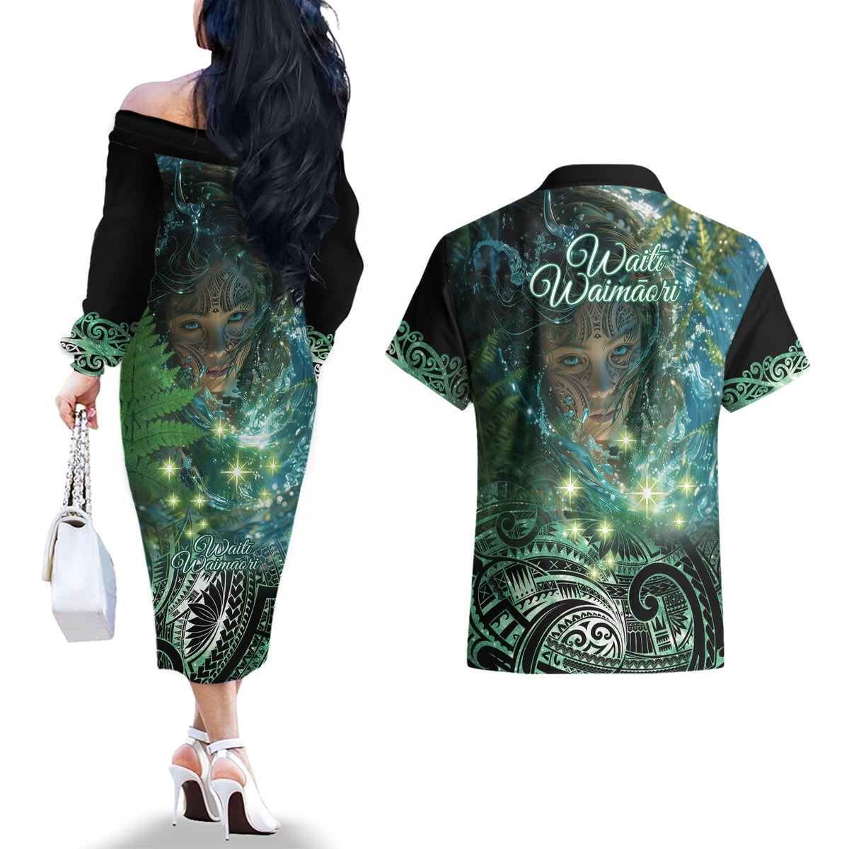 New Zealand Matariki Waiti Couples Matching Off The Shoulder Long Sleeve Dress and Hawaiian Shirt Waimori and The Origin Of Life LT9 - Polynesian Pride