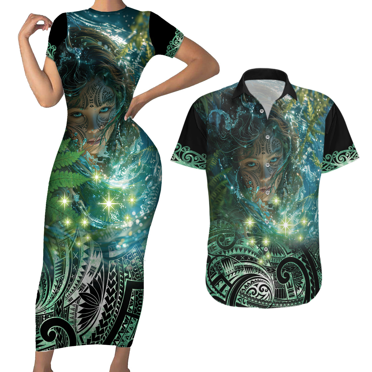 New Zealand Matariki Waiti Couples Matching Short Sleeve Bodycon Dress and Hawaiian Shirt Waimori and The Origin Of Life LT9 Black - Polynesian Pride