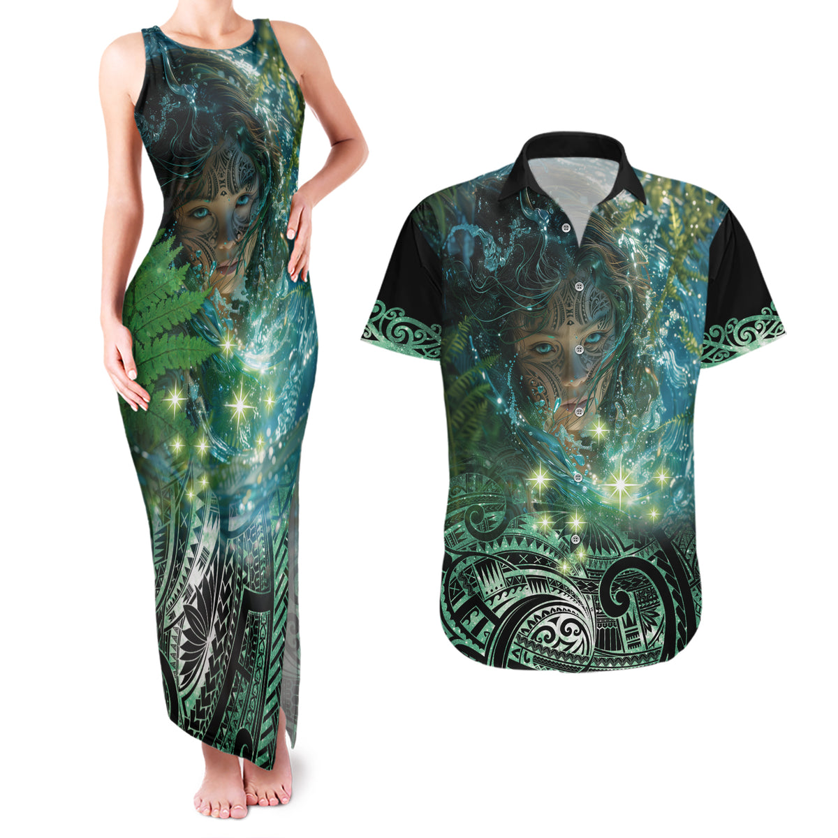 New Zealand Matariki Waiti Couples Matching Tank Maxi Dress and Hawaiian Shirt Waimori and The Origin Of Life LT9 Black - Polynesian Pride
