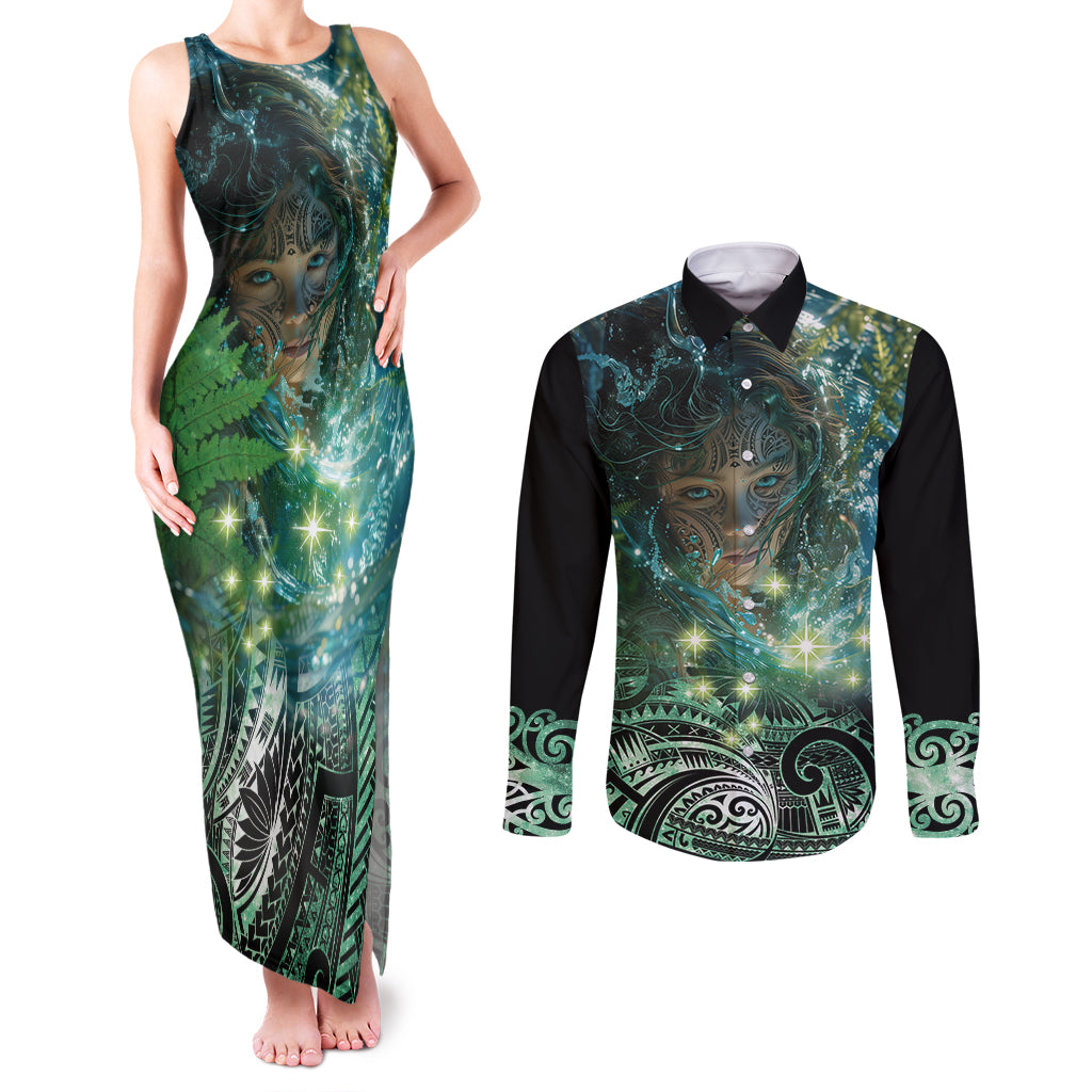 New Zealand Matariki Waiti Couples Matching Tank Maxi Dress and Long Sleeve Button Shirt Waimori and The Origin Of Life LT9 Black - Polynesian Pride