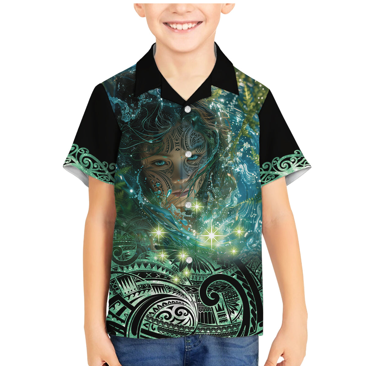 New Zealand Matariki Waiti Family Matching Mermaid Dress and Hawaiian Shirt Waimori and The Origin Of Life LT9 Son's Shirt Black - Polynesian Pride