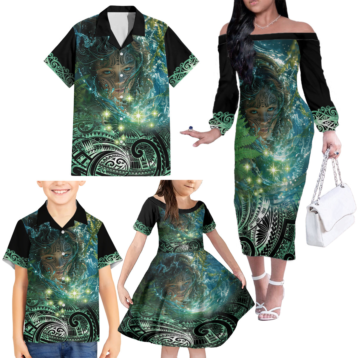 New Zealand Matariki Waiti Family Matching Off The Shoulder Long Sleeve Dress and Hawaiian Shirt Waimori and The Origin Of Life LT9 - Polynesian Pride