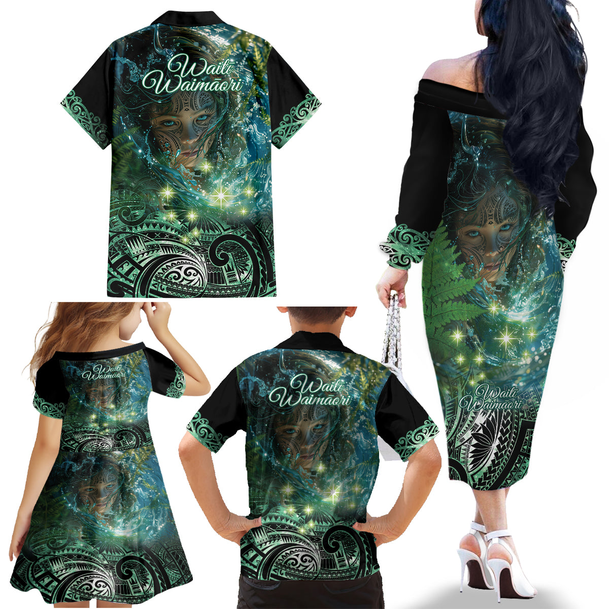 New Zealand Matariki Waiti Family Matching Off The Shoulder Long Sleeve Dress and Hawaiian Shirt Waimori and The Origin Of Life LT9 - Polynesian Pride