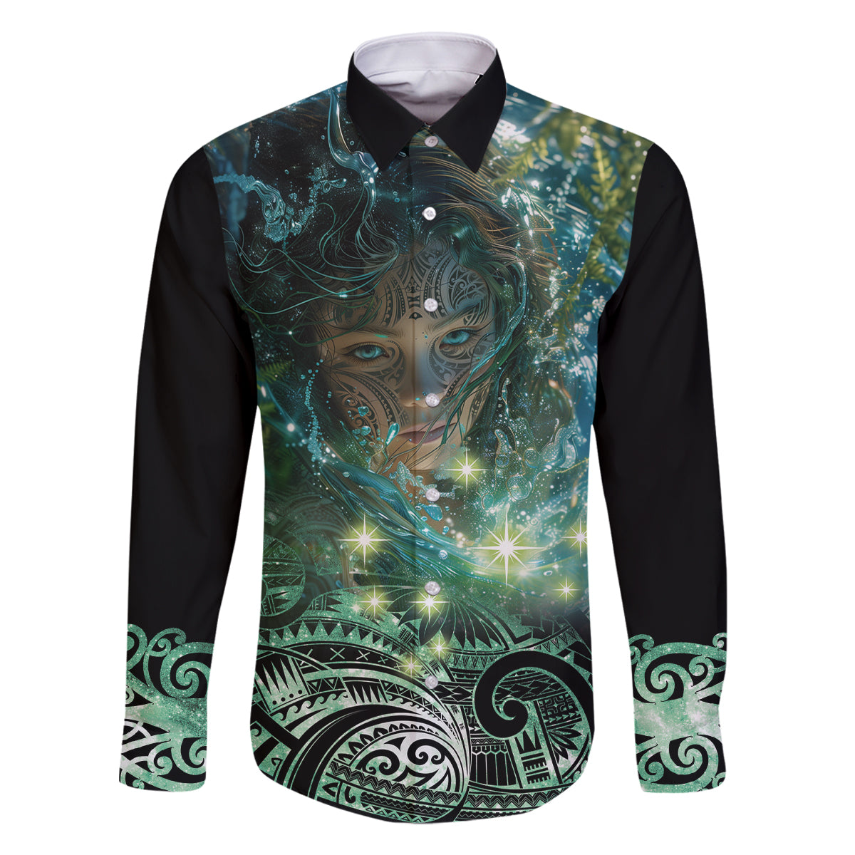 New Zealand Matariki Waiti Family Matching Off The Shoulder Long Sleeve Dress and Hawaiian Shirt Waimori and The Origin Of Life LT9 Dad's Shirt - Long Sleeve Black - Polynesian Pride