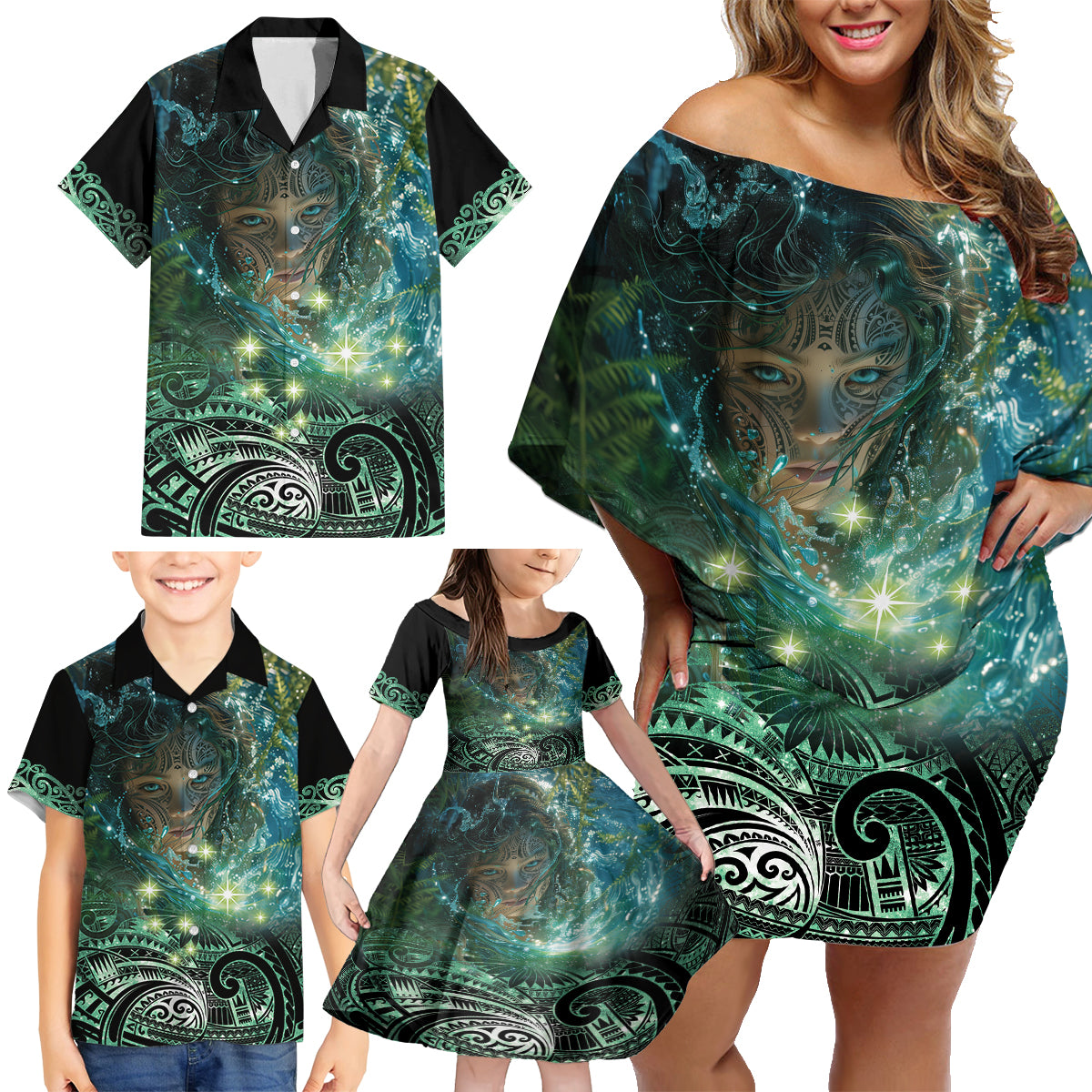 New Zealand Matariki Waiti Family Matching Off Shoulder Short Dress and Hawaiian Shirt Waimori and The Origin Of Life LT9 - Polynesian Pride