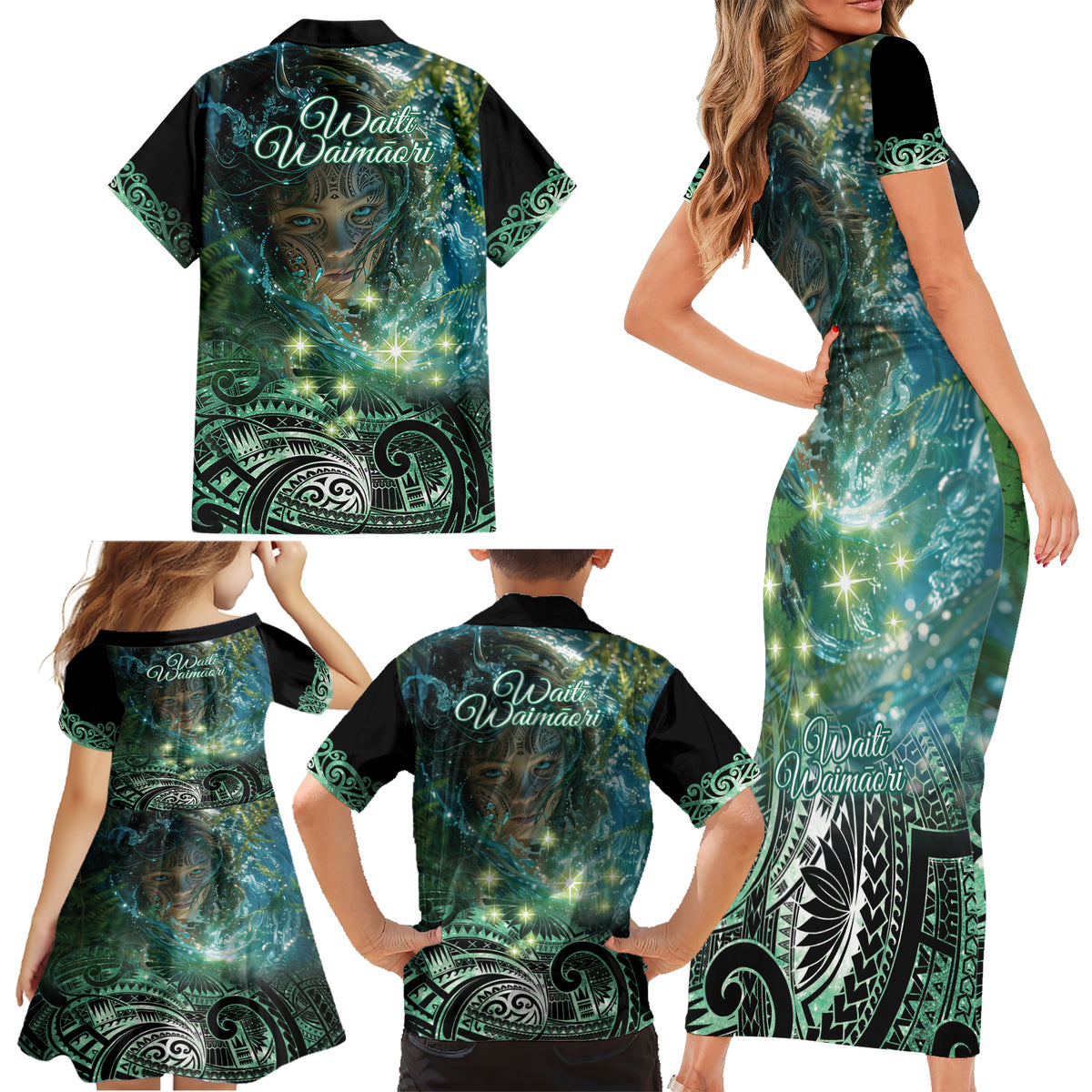 New Zealand Matariki Waiti Family Matching Short Sleeve Bodycon Dress and Hawaiian Shirt Waimori and The Origin Of Life LT9 - Polynesian Pride