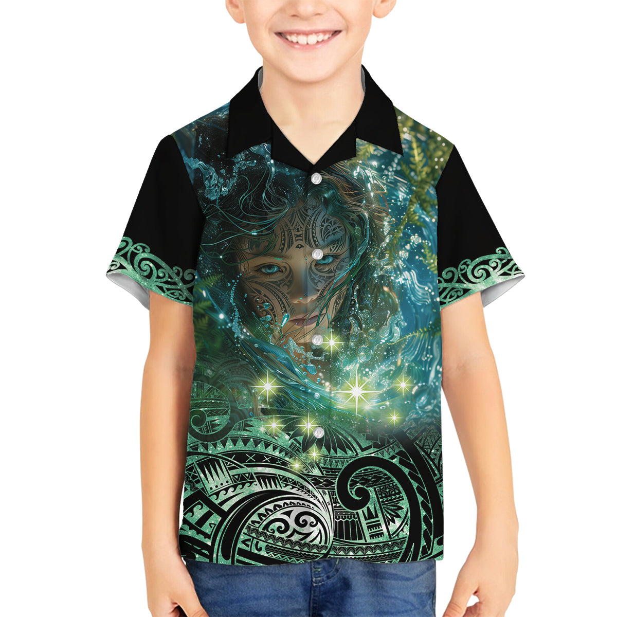 New Zealand Matariki Waiti Family Matching Summer Maxi Dress and Hawaiian Shirt Waimori and The Origin Of Life LT9 Son's Shirt Black - Polynesian Pride