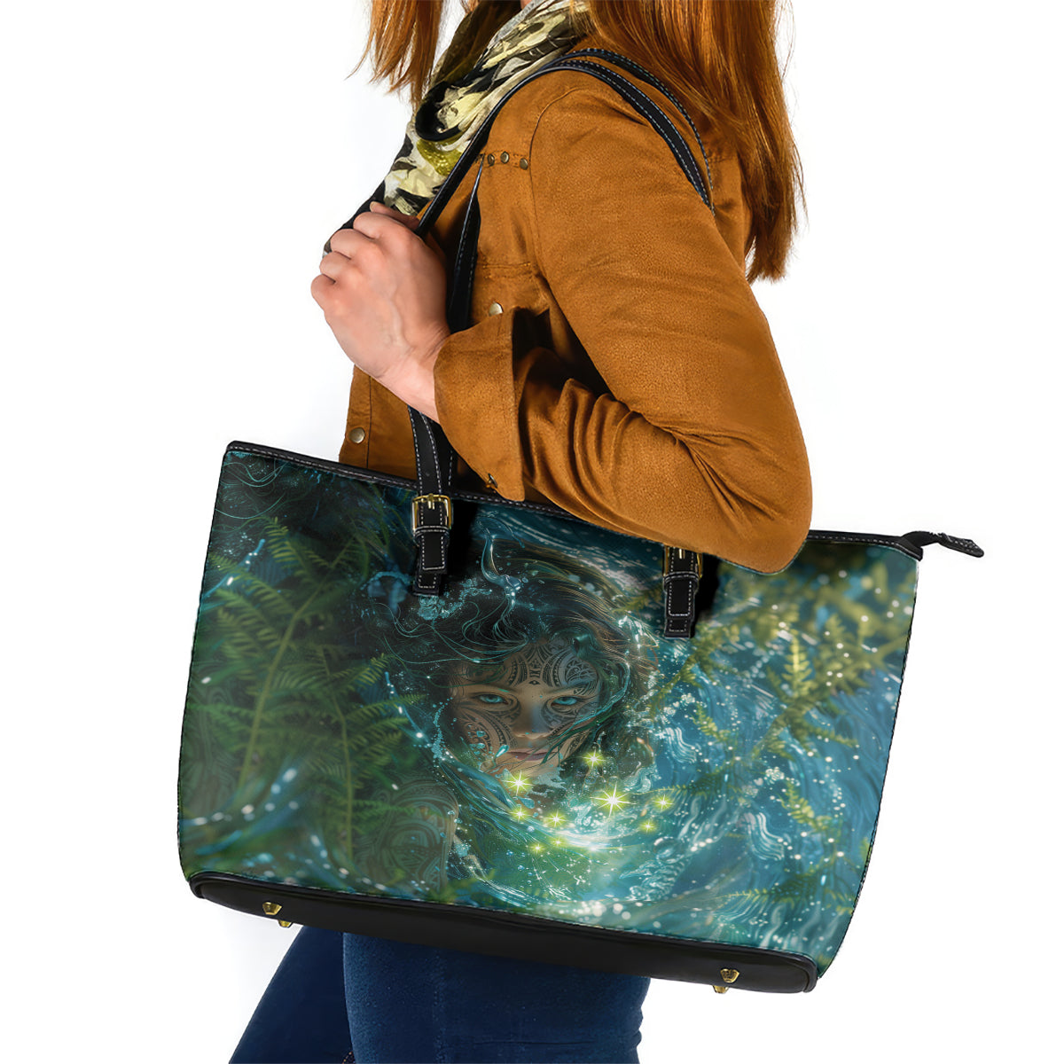 New Zealand Matariki Waiti Leather Tote Bag Waimori and The Origin Of Life LT9 Black - Polynesian Pride