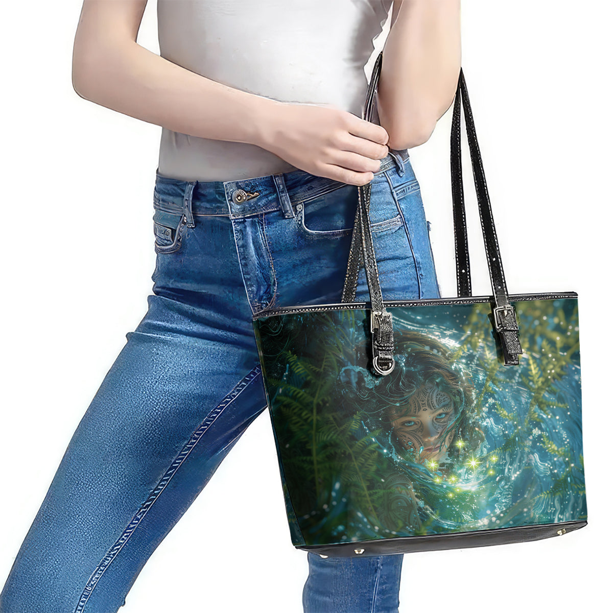 New Zealand Matariki Waiti Leather Tote Bag Waimori and The Origin Of Life LT9 - Polynesian Pride