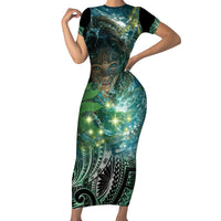 New Zealand Matariki Waiti Short Sleeve Bodycon Dress Waimori and The Origin Of Life LT9 Long Dress Black - Polynesian Pride