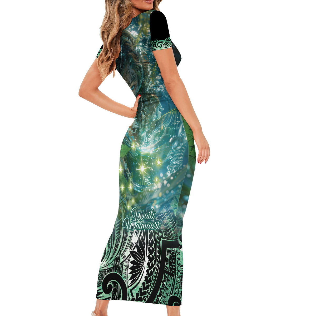 New Zealand Matariki Waiti Short Sleeve Bodycon Dress Waimori and The Origin Of Life LT9 - Polynesian Pride
