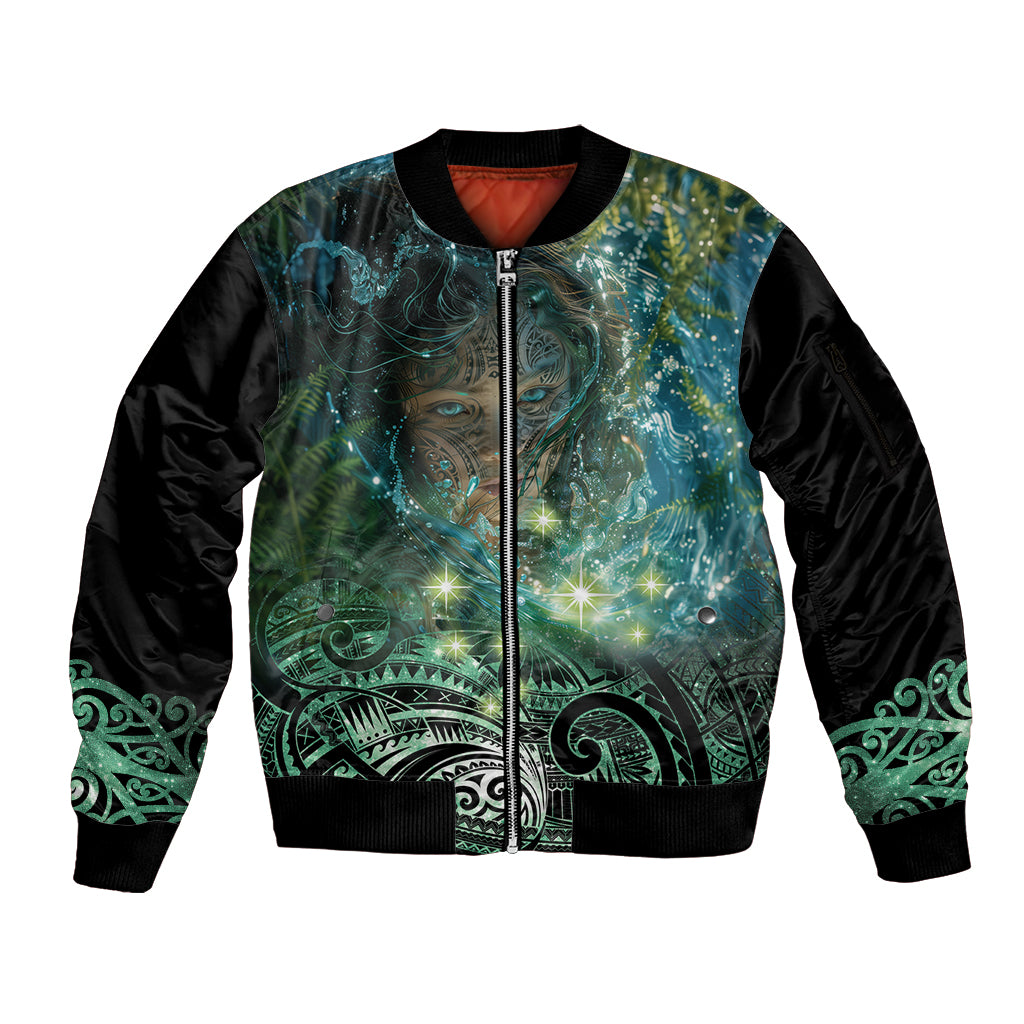 New Zealand Matariki Waiti Sleeve Zip Bomber Jacket Waimori and The Origin Of Life LT9 Unisex Black - Polynesian Pride