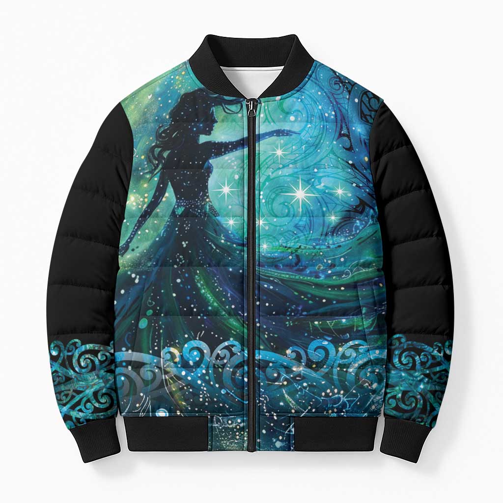 New Zealand Matariki Hiwa-i-te-rangi Bomber Puffer Jacket Titiro ki nga Whetu Wishing Star LT9 Unisex Black - Polynesian Pride