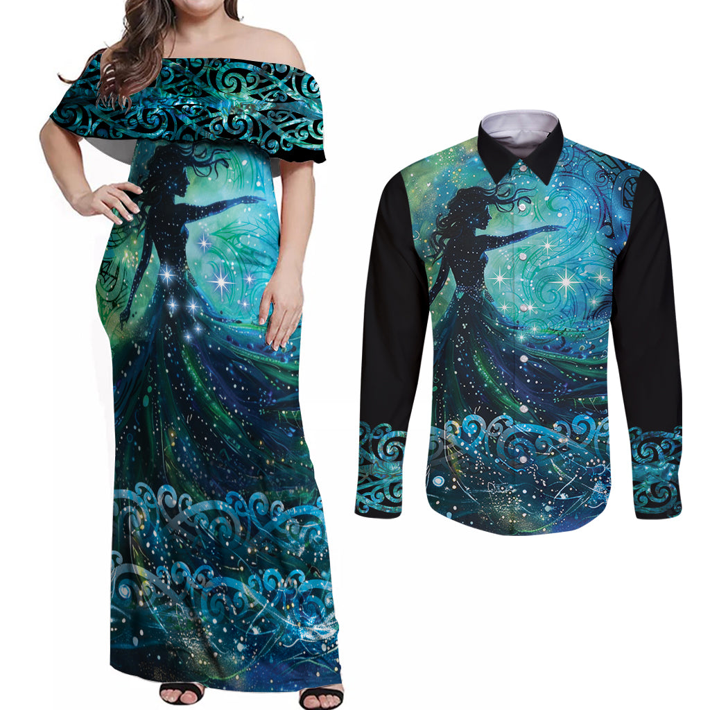 New Zealand Matariki Hiwa-i-te-rangi Couples Matching Off Shoulder Maxi Dress and Long Sleeve Button Shirt Titiro ki nga Whetu Wishing Star LT9 Black - Polynesian Pride