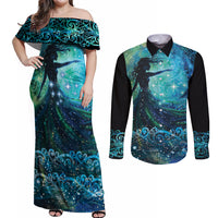 New Zealand Matariki Hiwa-i-te-rangi Couples Matching Off Shoulder Maxi Dress and Long Sleeve Button Shirt Titiro ki nga Whetu Wishing Star LT9 Black - Polynesian Pride
