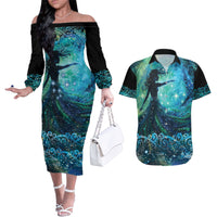 New Zealand Matariki Hiwa-i-te-rangi Couples Matching Off The Shoulder Long Sleeve Dress and Hawaiian Shirt Titiro ki nga Whetu Wishing Star LT9 Black - Polynesian Pride