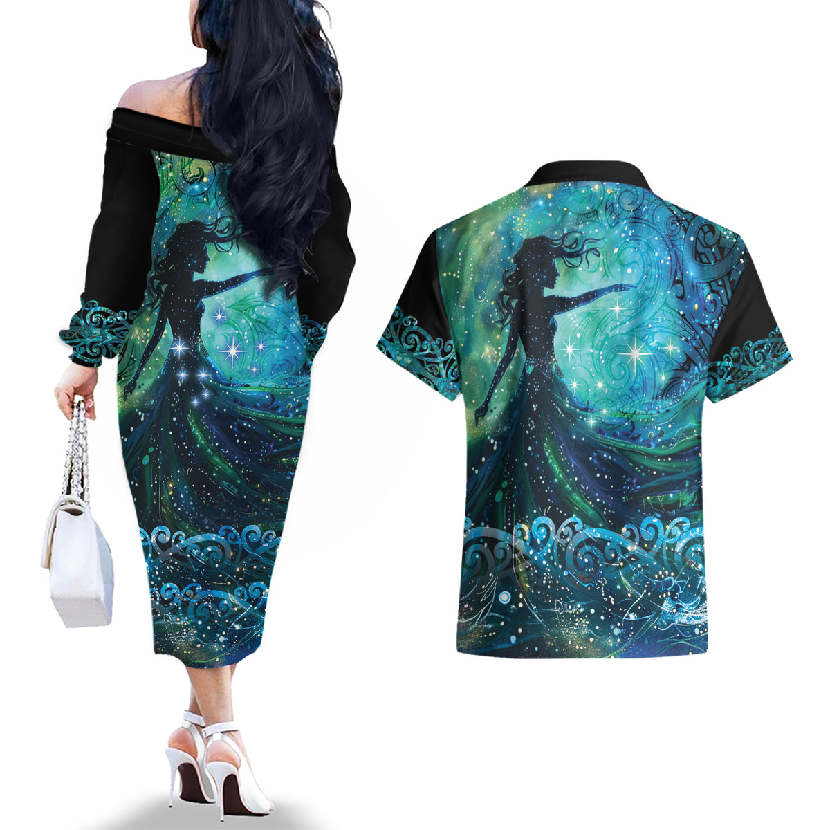 New Zealand Matariki Hiwa-i-te-rangi Couples Matching Off The Shoulder Long Sleeve Dress and Hawaiian Shirt Titiro ki nga Whetu Wishing Star LT9 - Polynesian Pride