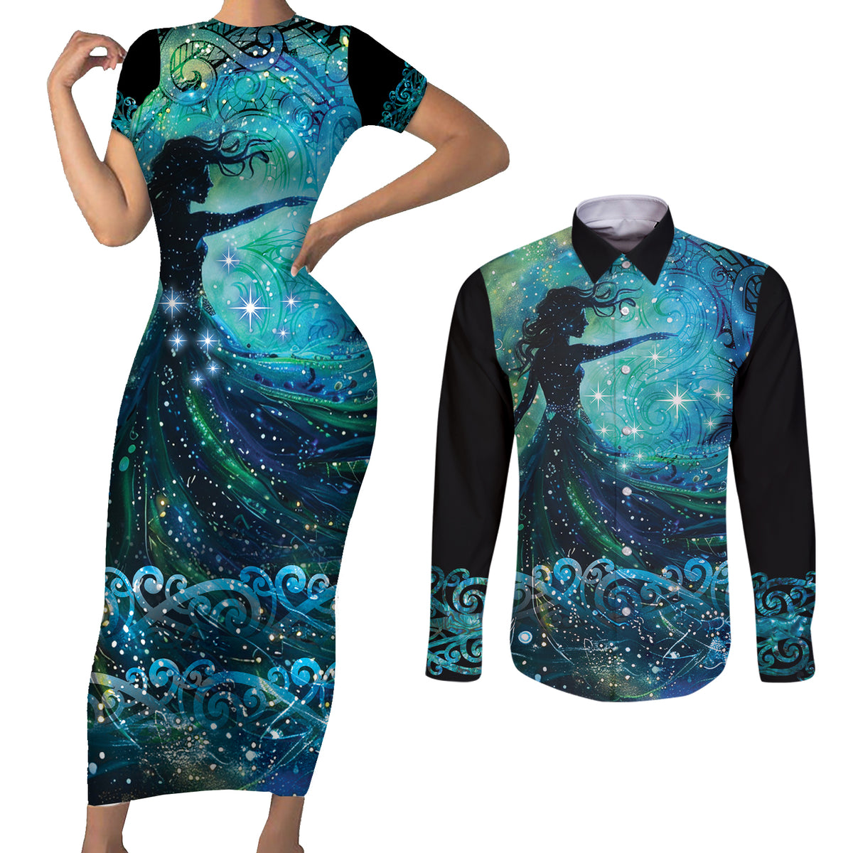 New Zealand Matariki Hiwa-i-te-rangi Couples Matching Short Sleeve Bodycon Dress and Long Sleeve Button Shirt Titiro ki nga Whetu Wishing Star LT9 Black - Polynesian Pride