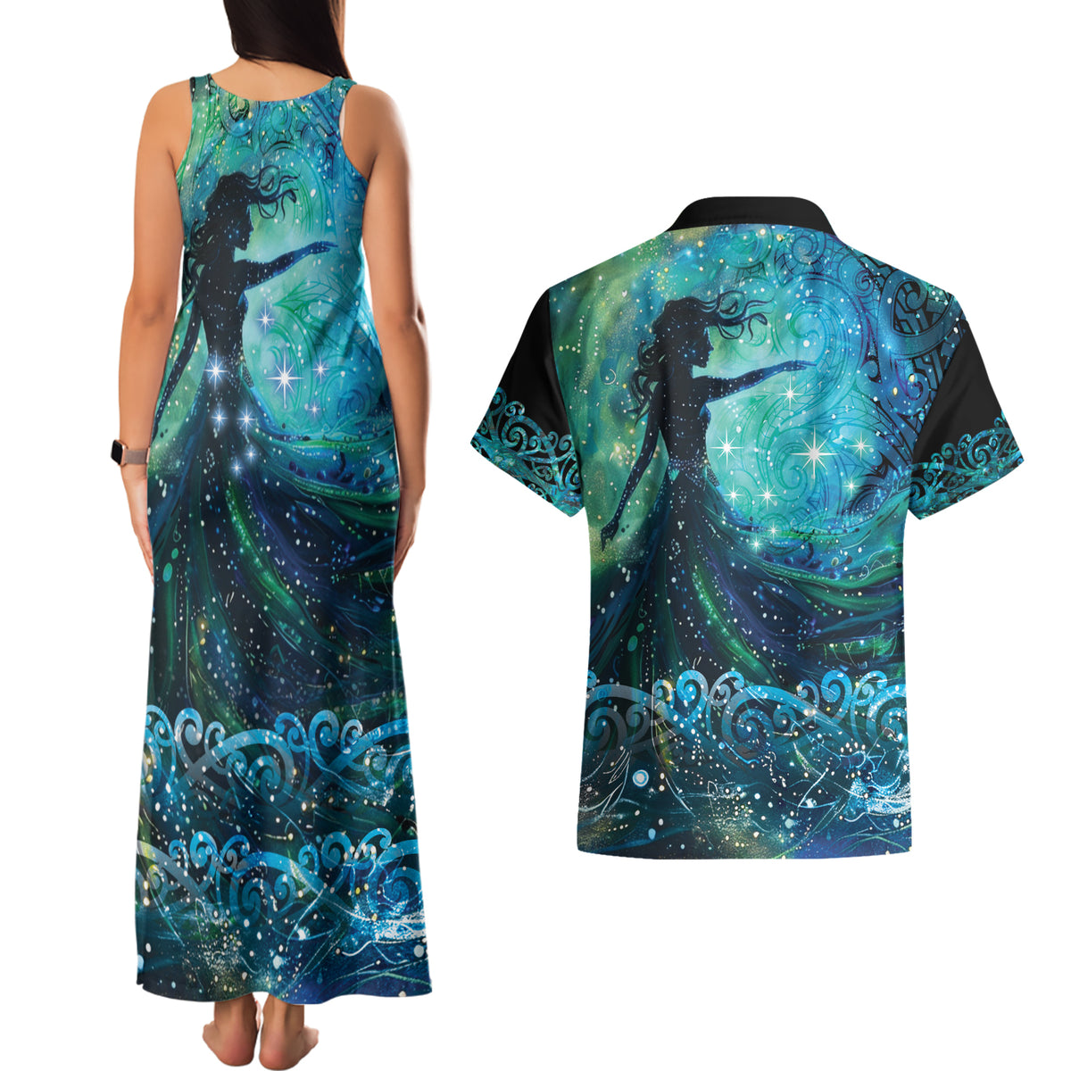 New Zealand Matariki Hiwa-i-te-rangi Couples Matching Tank Maxi Dress and Hawaiian Shirt Titiro ki nga Whetu Wishing Star LT9 - Polynesian Pride