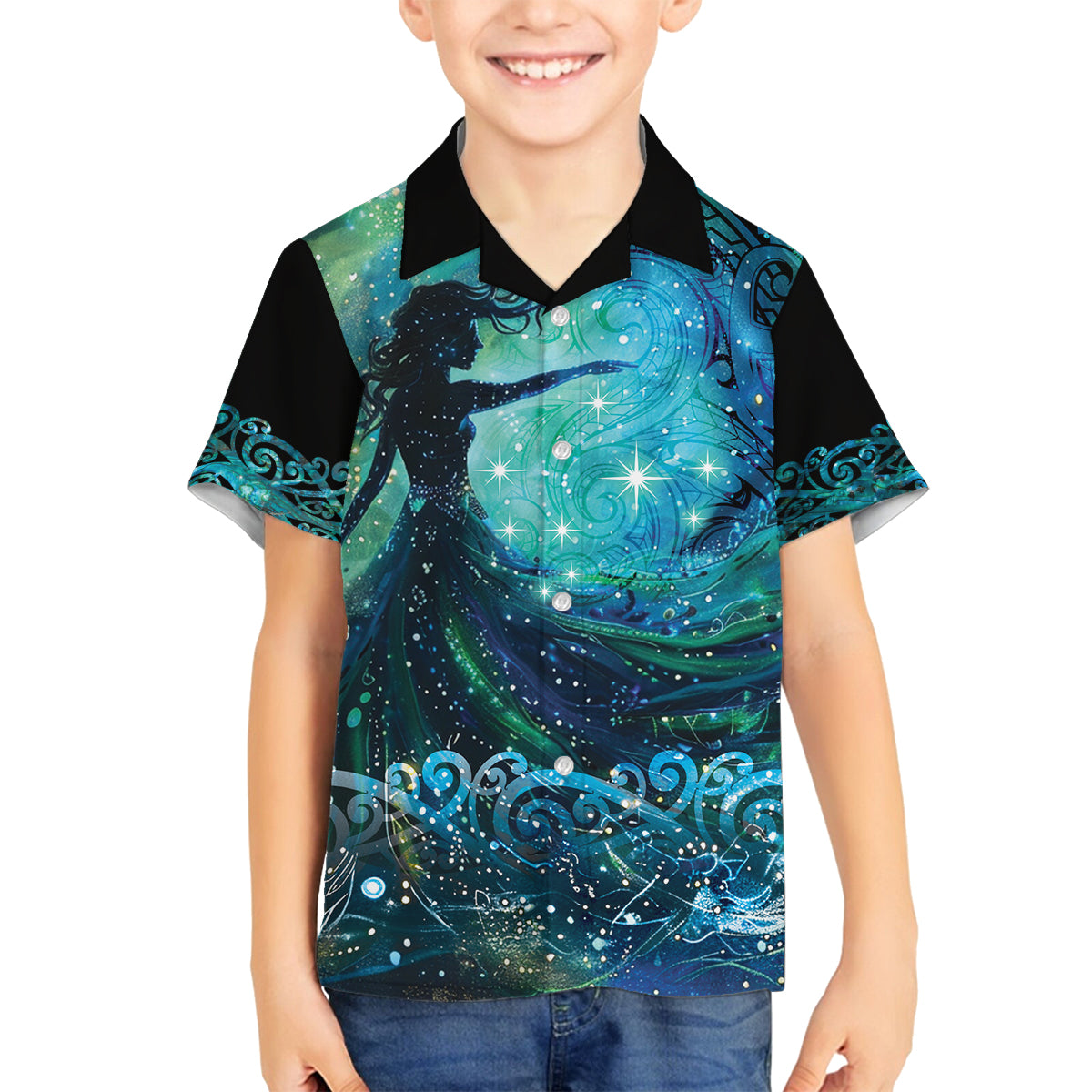 New Zealand Matariki Hiwa-i-te-rangi Family Matching Long Sleeve Bodycon Dress and Hawaiian Shirt Titiro ki nga Whetu Wishing Star LT9 Son's Shirt Black - Polynesian Pride