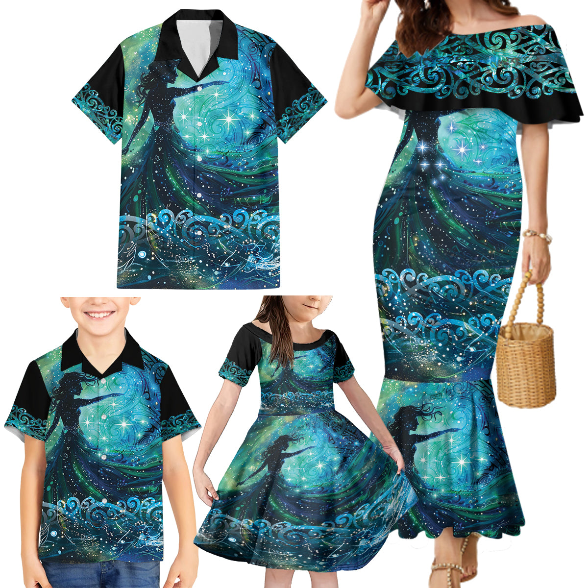 New Zealand Matariki Hiwa-i-te-rangi Family Matching Mermaid Dress and Hawaiian Shirt Titiro ki nga Whetu Wishing Star LT9 - Polynesian Pride