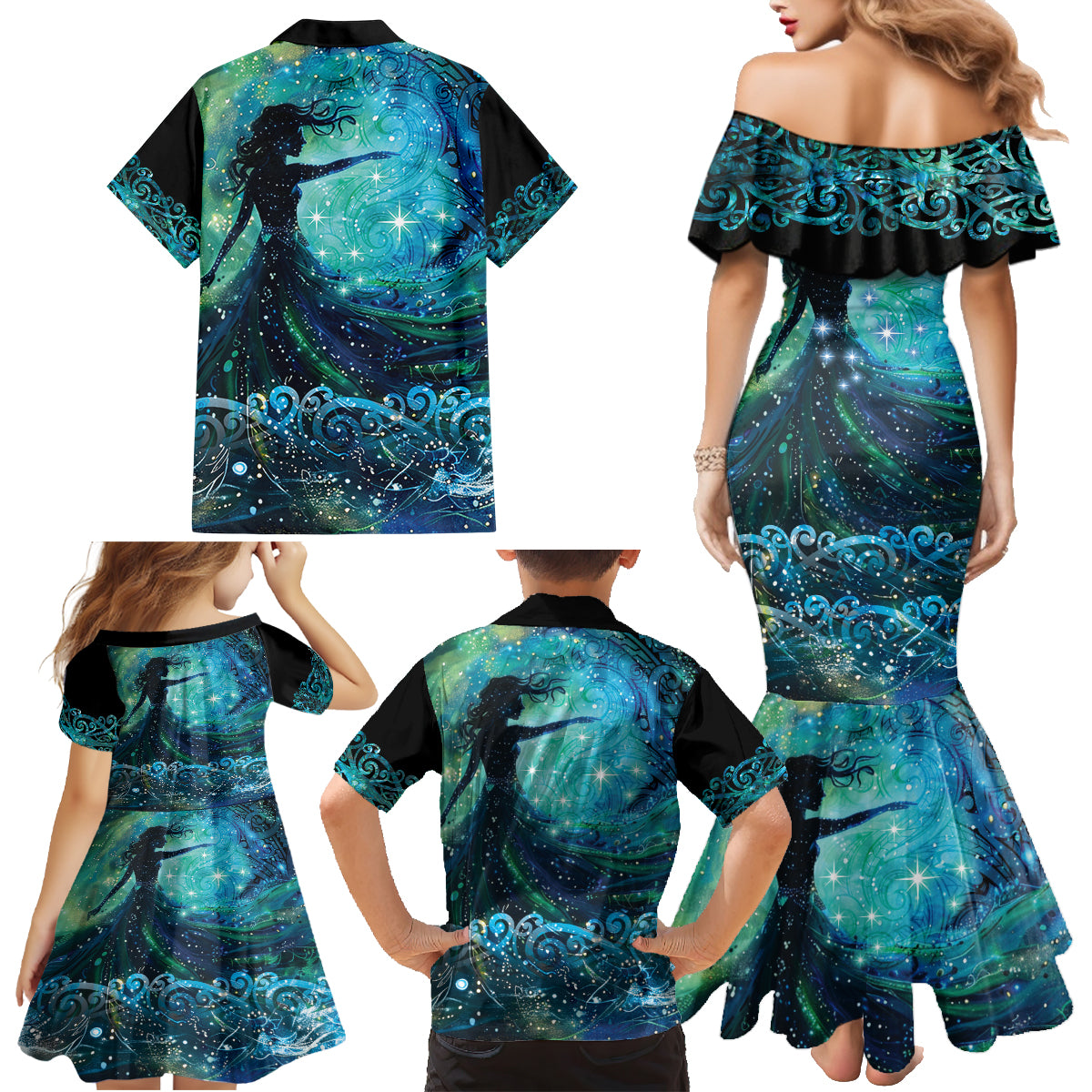 New Zealand Matariki Hiwa-i-te-rangi Family Matching Mermaid Dress and Hawaiian Shirt Titiro ki nga Whetu Wishing Star LT9 - Polynesian Pride
