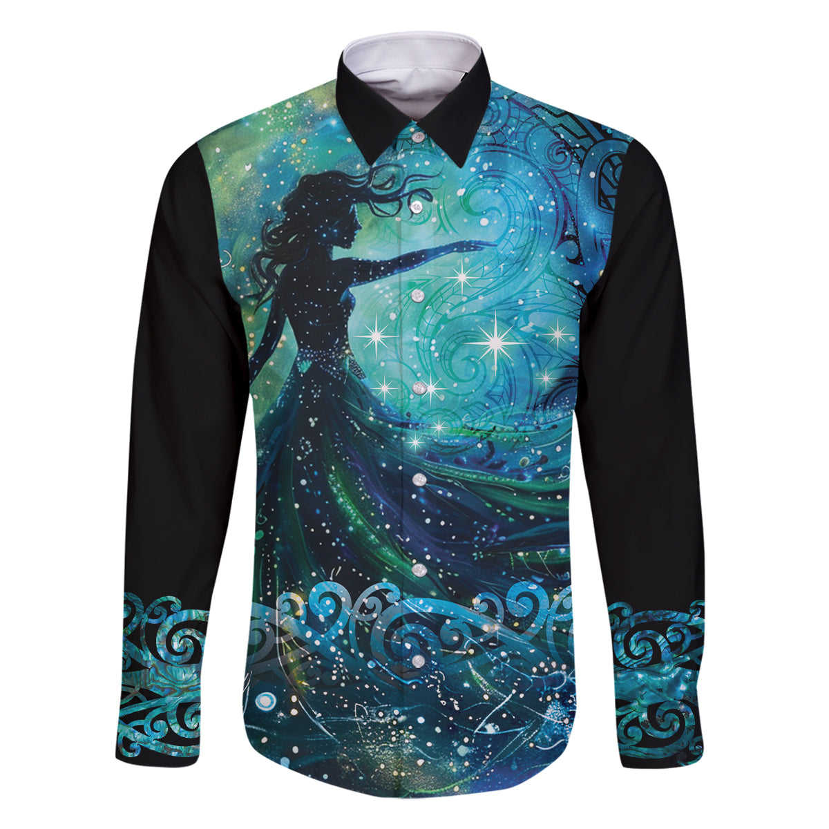 New Zealand Matariki Hiwa-i-te-rangi Family Matching Off The Shoulder Long Sleeve Dress and Hawaiian Shirt Titiro ki nga Whetu Wishing Star LT9 Dad's Shirt - Long Sleeve Black - Polynesian Pride
