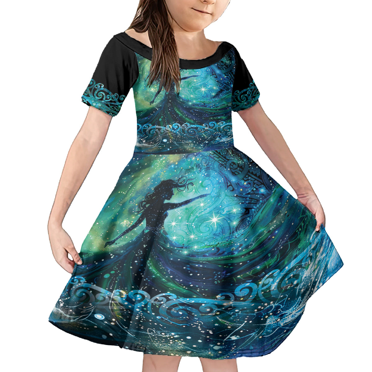 New Zealand Matariki Hiwa-i-te-rangi Family Matching Off Shoulder Short Dress and Hawaiian Shirt Titiro ki nga Whetu Wishing Star LT9 Daughter's Dress Black - Polynesian Pride