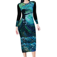 New Zealand Matariki Hiwa-i-te-rangi Long Sleeve Bodycon Dress Titiro ki nga Whetu Wishing Star LT9 Long Dress Black - Polynesian Pride