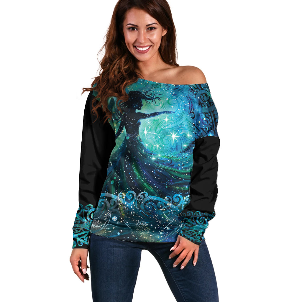 New Zealand Matariki Hiwa-i-te-rangi Off Shoulder Sweater Titiro ki nga Whetu Wishing Star LT9 Women Black - Polynesian Pride
