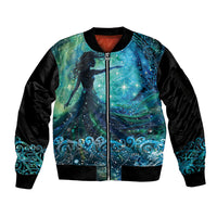 New Zealand Matariki Hiwa-i-te-rangi Sleeve Zip Bomber Jacket Titiro ki nga Whetu Wishing Star LT9 Unisex Black - Polynesian Pride