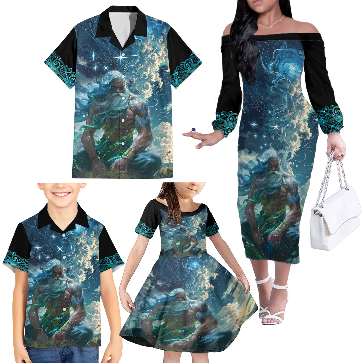 New Zealand Matariki Ururangi Family Matching Off The Shoulder Long Sleeve Dress and Hawaiian Shirt The Murmur Of The Wind LT9 - Polynesian Pride